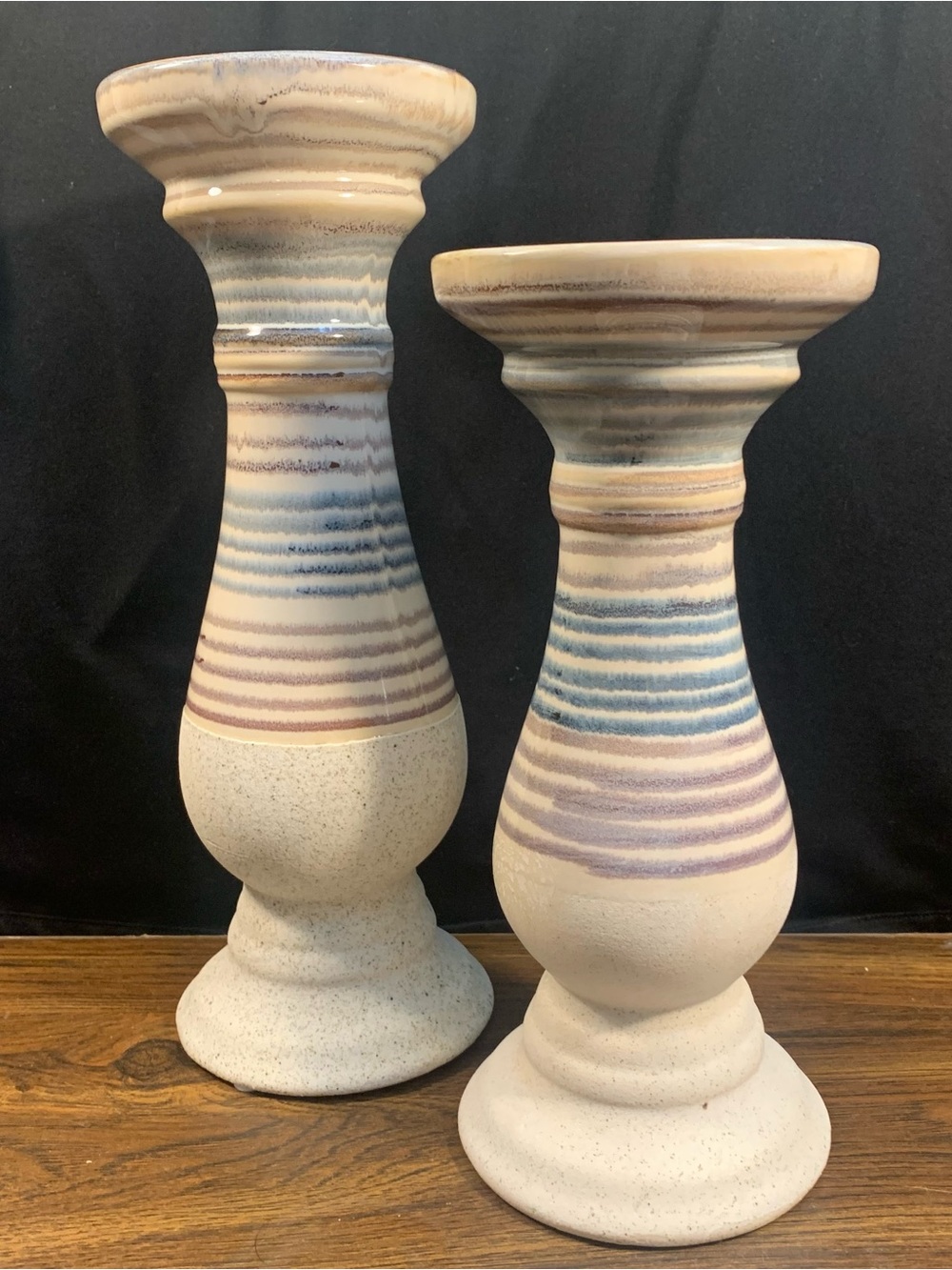 Set of 2 Sierra Sands Ceramic Striped Pillar Candle Holders Blue Purple Beige